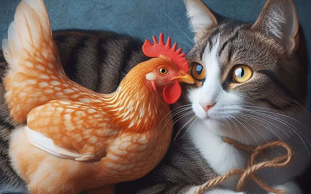 cat eating chicken